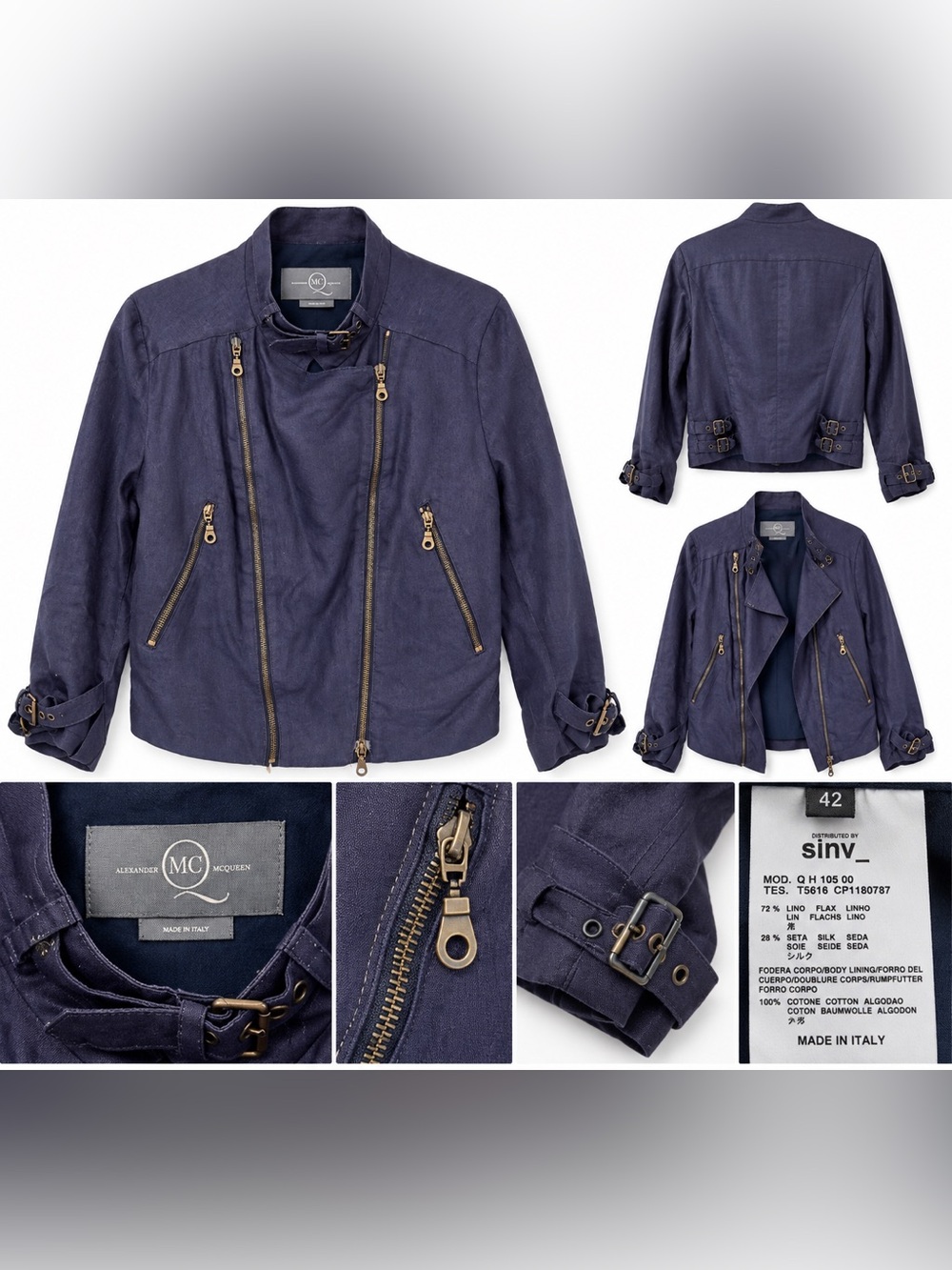 McQ Alexander McQueen Linen Silk Biker Moto Jacket Navy Blue IT 42 US 6 Italy